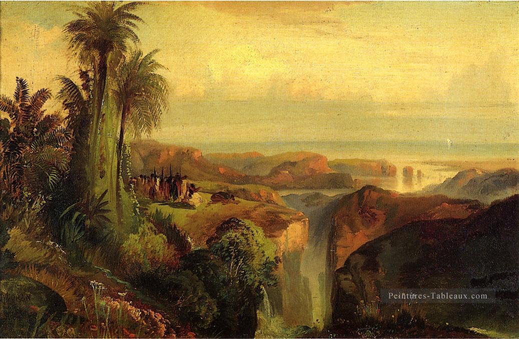 Indiens sur un paysage de falaise Thomas Moran Peintures à l'huile